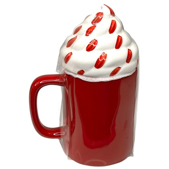 NEW Rae Dunn Ceramic Peppermint Mocha COFFEE MUG + TOPPER Cover Lid Red & White - Picture 3 of 4